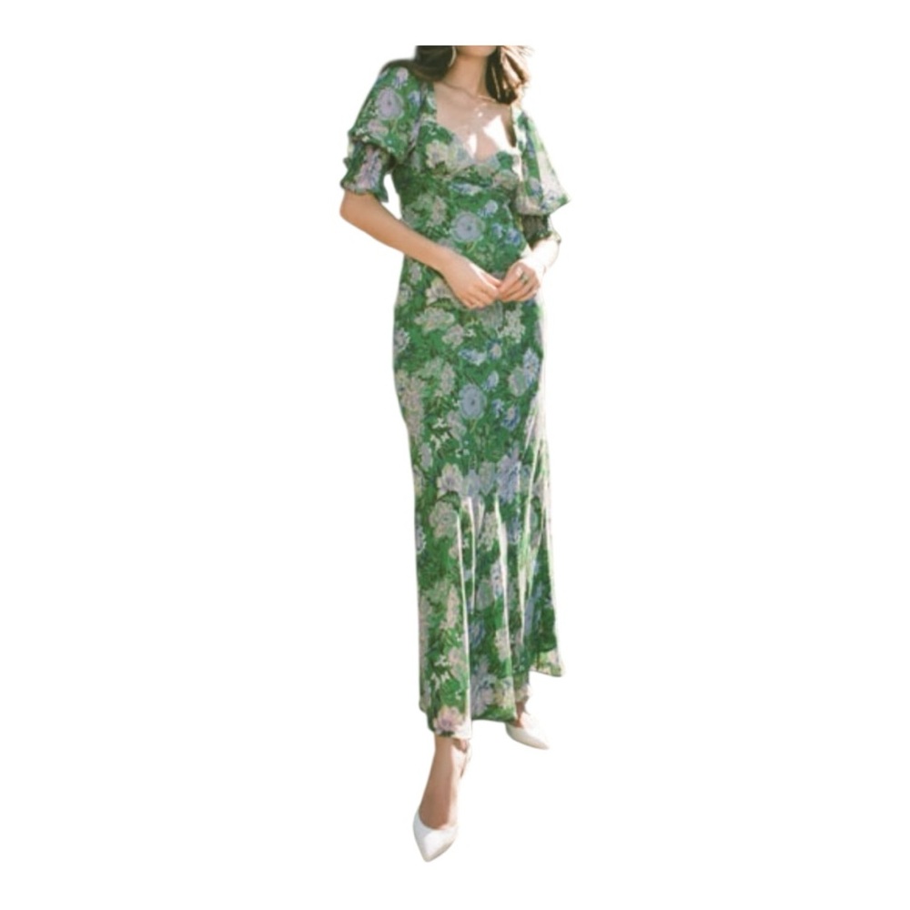 Olivaceous Tiana Maxi-Dress Size Medium Green Floral Print Chiffon Feminine